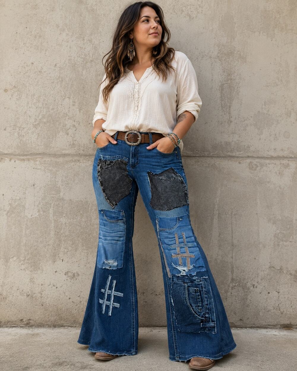Silver Jeans Co Women’s 18W/L35 Upcycled Patchwork Flare Jeans Boho Y2K OOAK